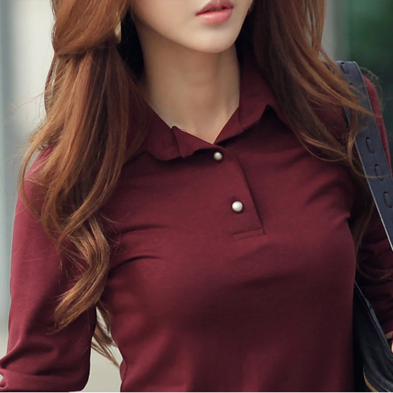 Футболка женская хлопковая с отложным воротником и длинным рукавом|camisetas mujer|basic