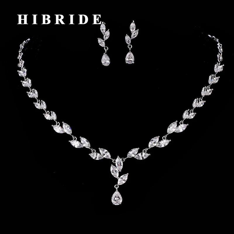 

HIBRIDE Beautiful Women Wedding Necklace Jewelry Sets Marquise Shape Drop Earring Set For Engagement Gifts Factory Price N-196