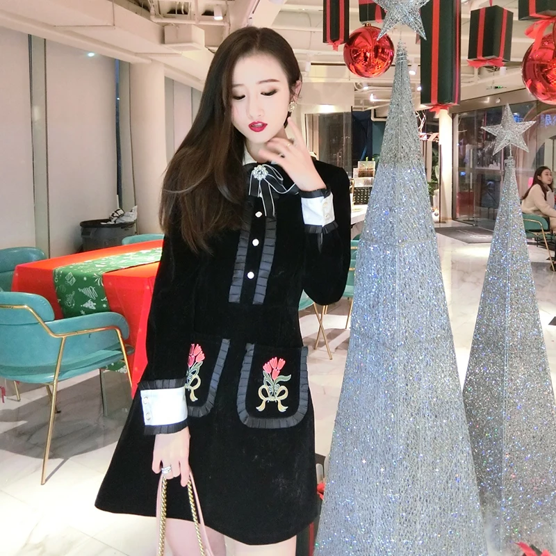 New 2018 Women Dress Designer Runway Black Velvet Embroidery Floral Long Sleeve Vintage Beading Bow Peter Pan Collar Party | Женская