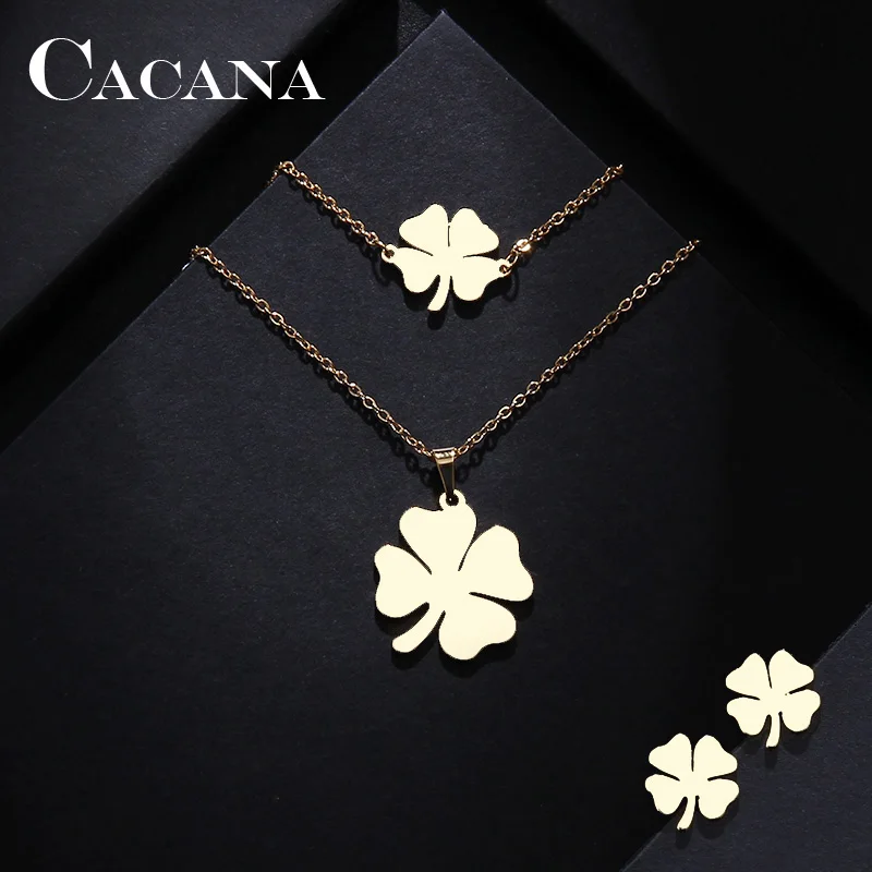 

CACANA Stainless Steel Sets For Women Clover Shape Necklace Bracelets Earrings For Women Lover's Engagement Jewelry
