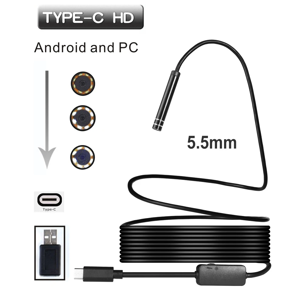 5 мм объектив 1 м/2 м/3 м/5 м Змеиный провод type-c led android эндоскоп камера Поддержка
