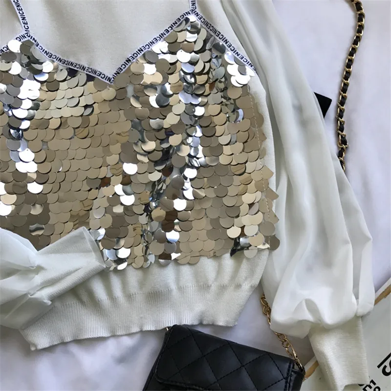 Neploe поддельные две Piees блестящие блестками Blusas с буквенным принтом грациозная женская блузка Весна Осень Новая Модная элегантная рубашка 69261