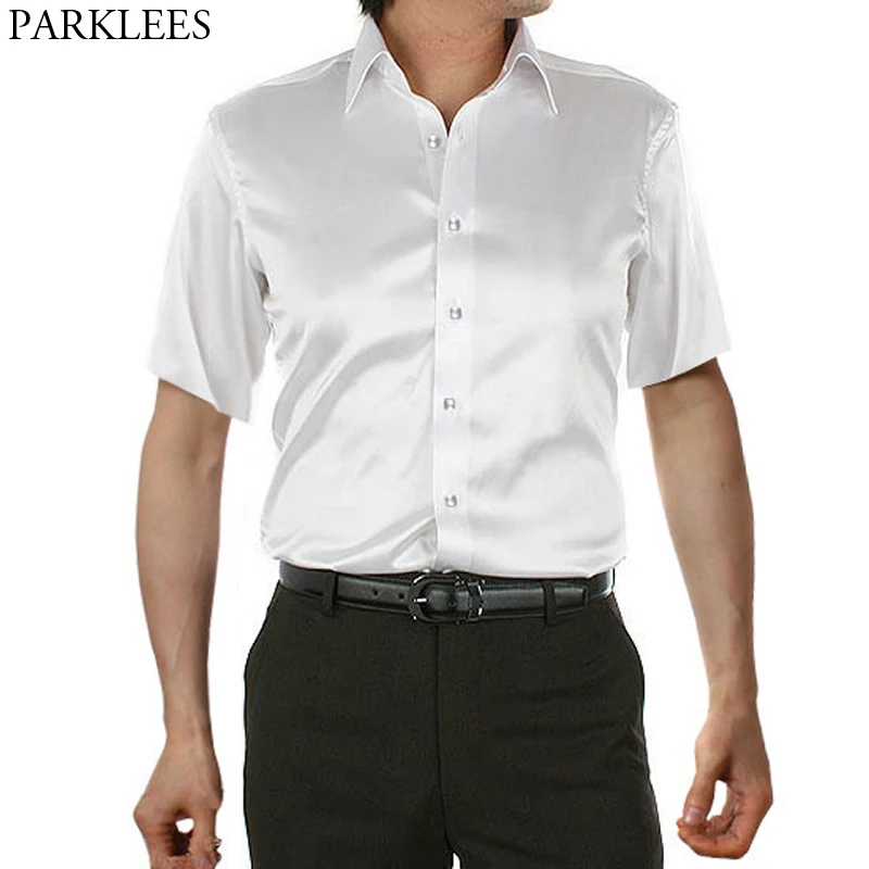 

Men's Short Sleeve Smooth Silk Satin Shirt 2019 Brand New Slim Fit Short Sleeve Tuxedo Shirt Men Business Male Casual Shirt Whit