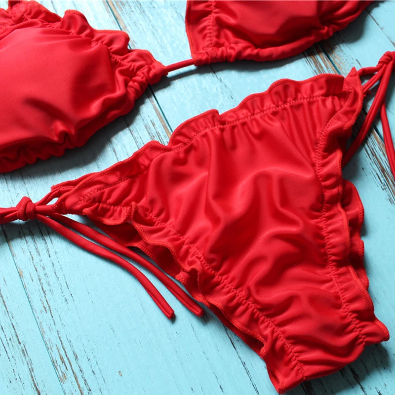 Lovey Village 2017 Brazilian Bikini Red Swimwear Swimsuit Women Leaf Set New Bathing Suit Female |