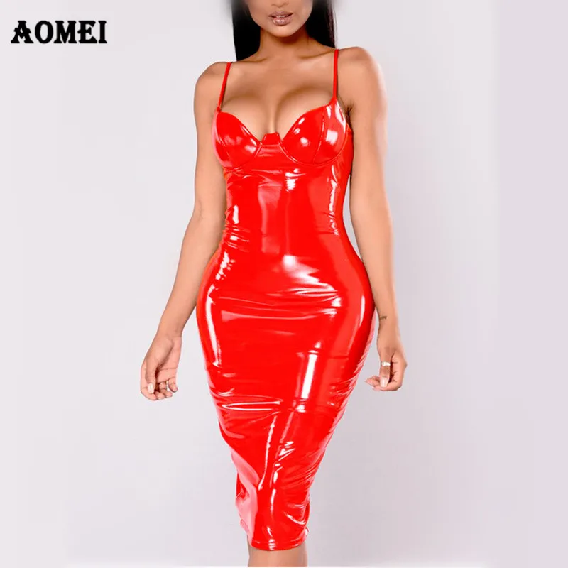 Женское сексуальное облегающее платье из искусственной кожи с разрезом без