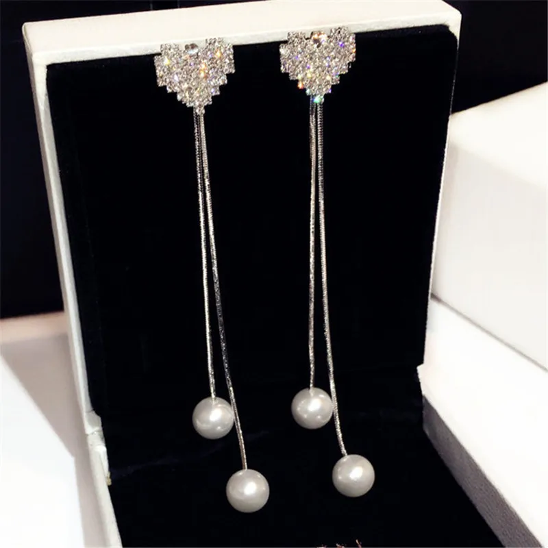 Фото Charmwin новые ранние серьги для женщин Simlated Pearl стразы Двойное сердце висячие серьги №4