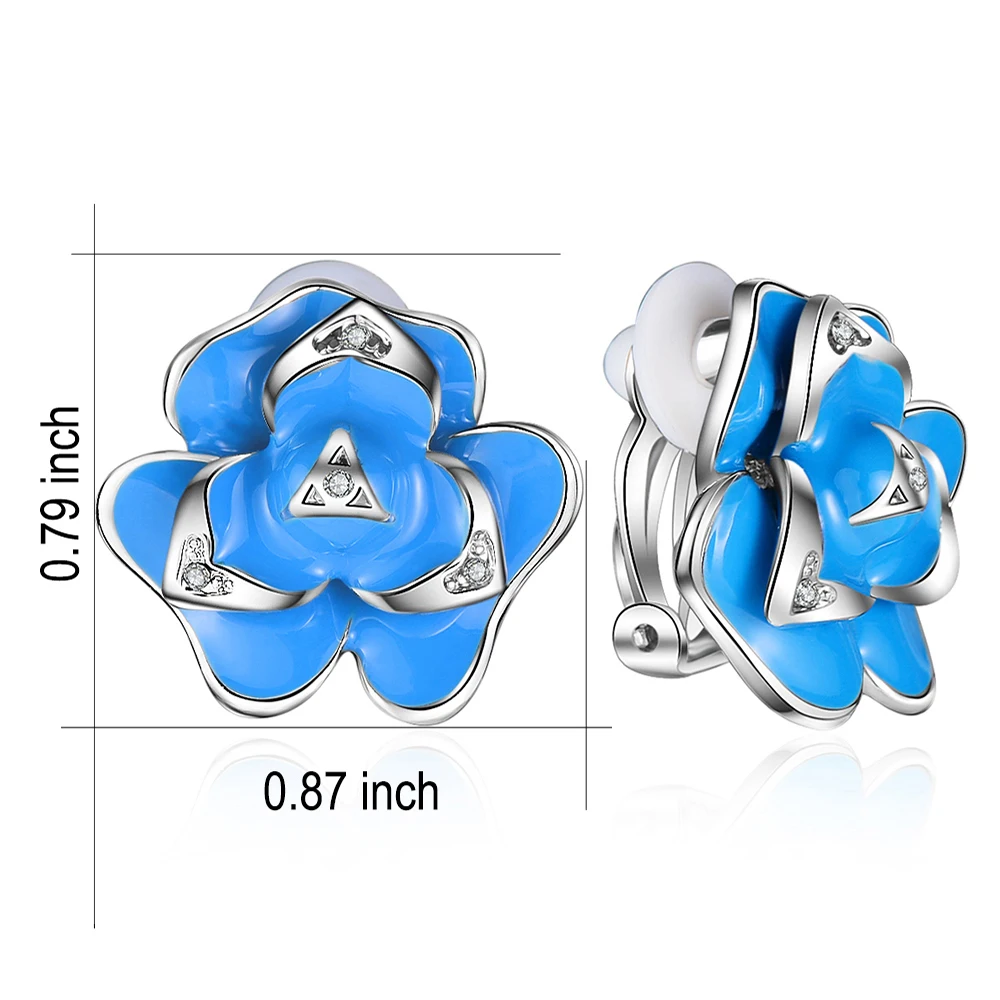 SUKI S925 Silver Blue Enamel Rose White Crystal from Austrian Pave Party Multilayer Clip on Earrings For Women Girls Gift | Украшения и