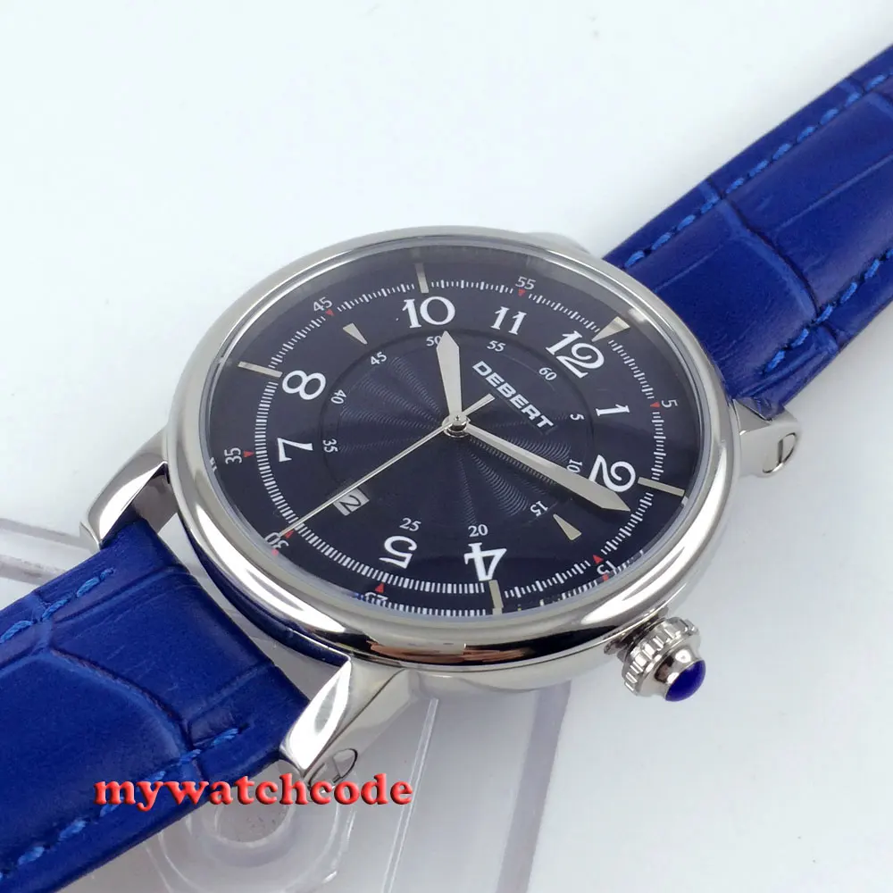 Мужские автоматические наручные часы debert темно-синий циферблат кожаный ремешок