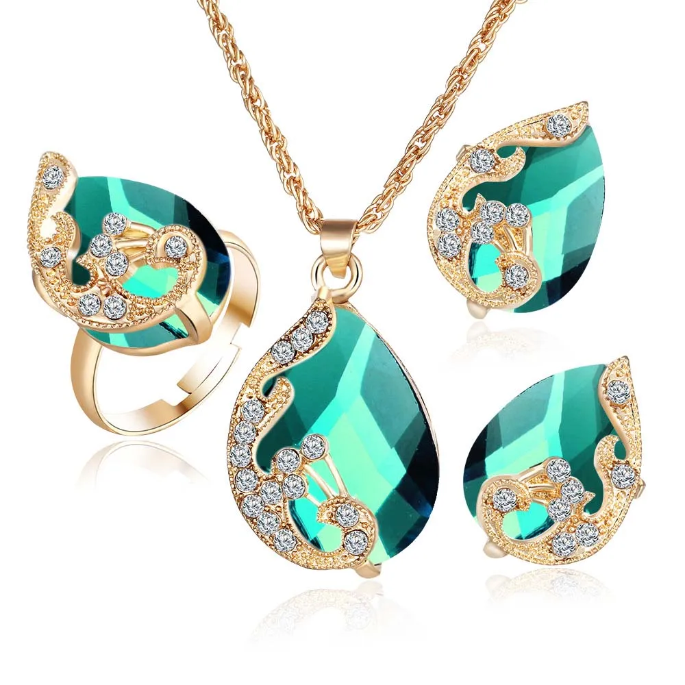 Комплект из колье серёг и кольца с кристаллами|necklace earring ring sets|peacock jewelry setsearrings set |