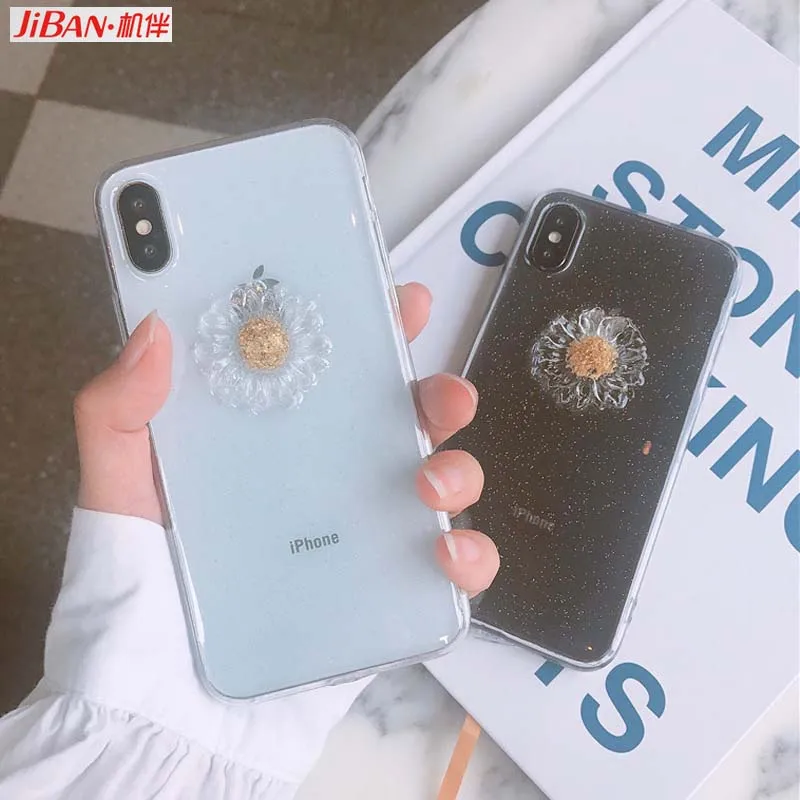 JIBAN Lovely 3D Daisy Phone Case for Iphone XS Max XR X Cases Transparent Epoxy Flash Tpu Cover 6s 6plus 7 8plus Capa |