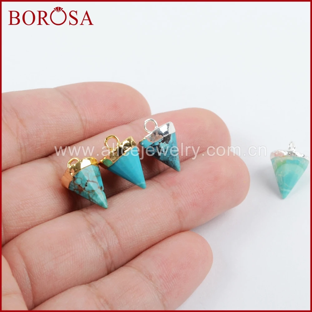 

BOROSA Clearance Sale 5/10PCS Silver Color Natural Blue Stone Cone Charm Natural Turquoises for DIY Earrings Drusy Jewelry S1369