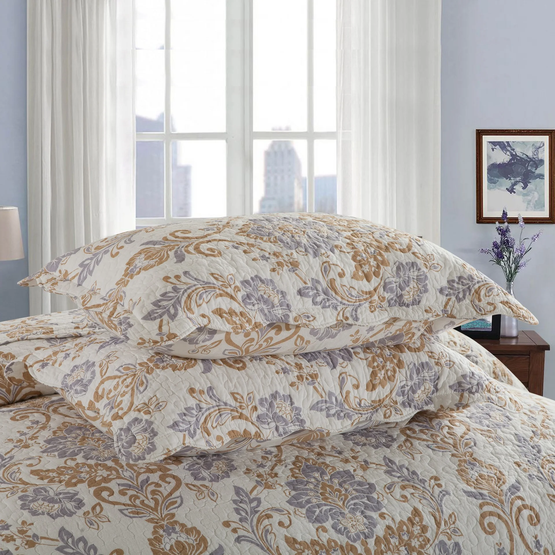 

Famvotar Luxury Quilt Set Coverlet Twin Queen Size 100% Cotton Beige Floral Wreath Pattern All Season Quilted Bedspread