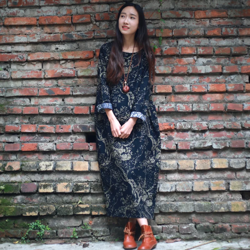 Женское платье с принтом HY397 винтажное длинное большого размера длинным рукавом