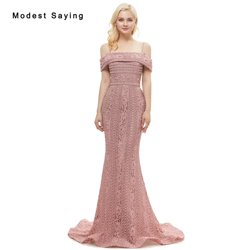 

Elegant Dusty Rose Mermaid Pearls Lace Evening Dresses 2019 with Spaghetti Straps Formal Beaded Long Engagement Party Prom Gowns