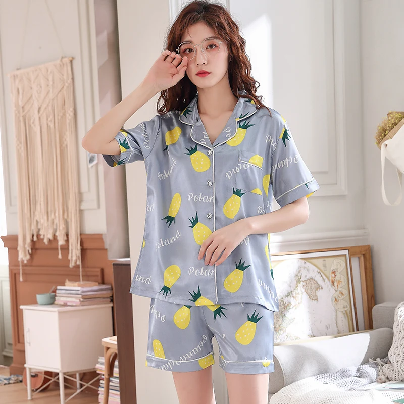 Sleep Lounge Button Pajama Set Sexy Satin Sleepwear Women Summer Pyjama Femme Fashion Fruit Pineapple Pajamas for | Женская одежда
