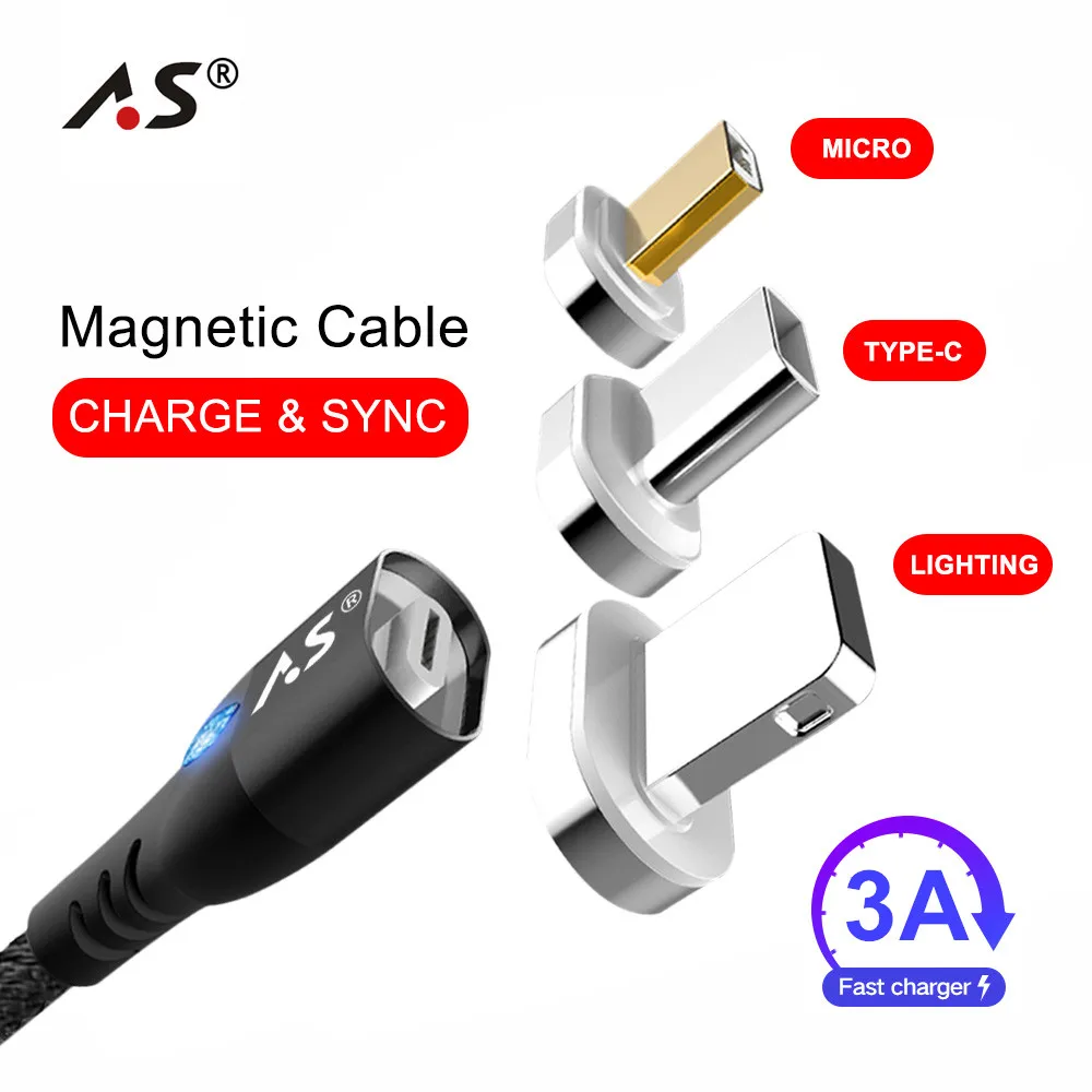 A.S 0 5 м 1 2 светодиодный магнитный кабель для iPhone X iPad Быстрая зарядка Micro USB и Type C