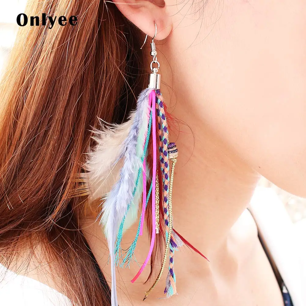 Colored feathers Модные ювелирные изделия цветные перья, экзотические серьги-подвески, длинные женские серьги-перья с бахромой, богемные серьги - Окраска металла: Colored feathers