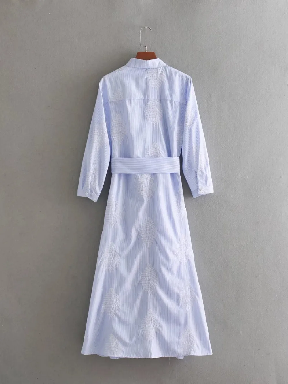 VOGUEIN New Womens Lapel Leaf Embroidered Striped Bow Belt Long Blouse Shirt Wholesale |