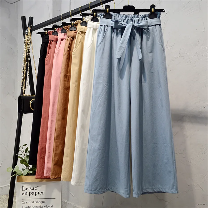 Women Casual Pants 2018 Autumn New Fashion Sash Elastic Waist 7 Colors High Wide Leg Loose Trousers | Женская одежда