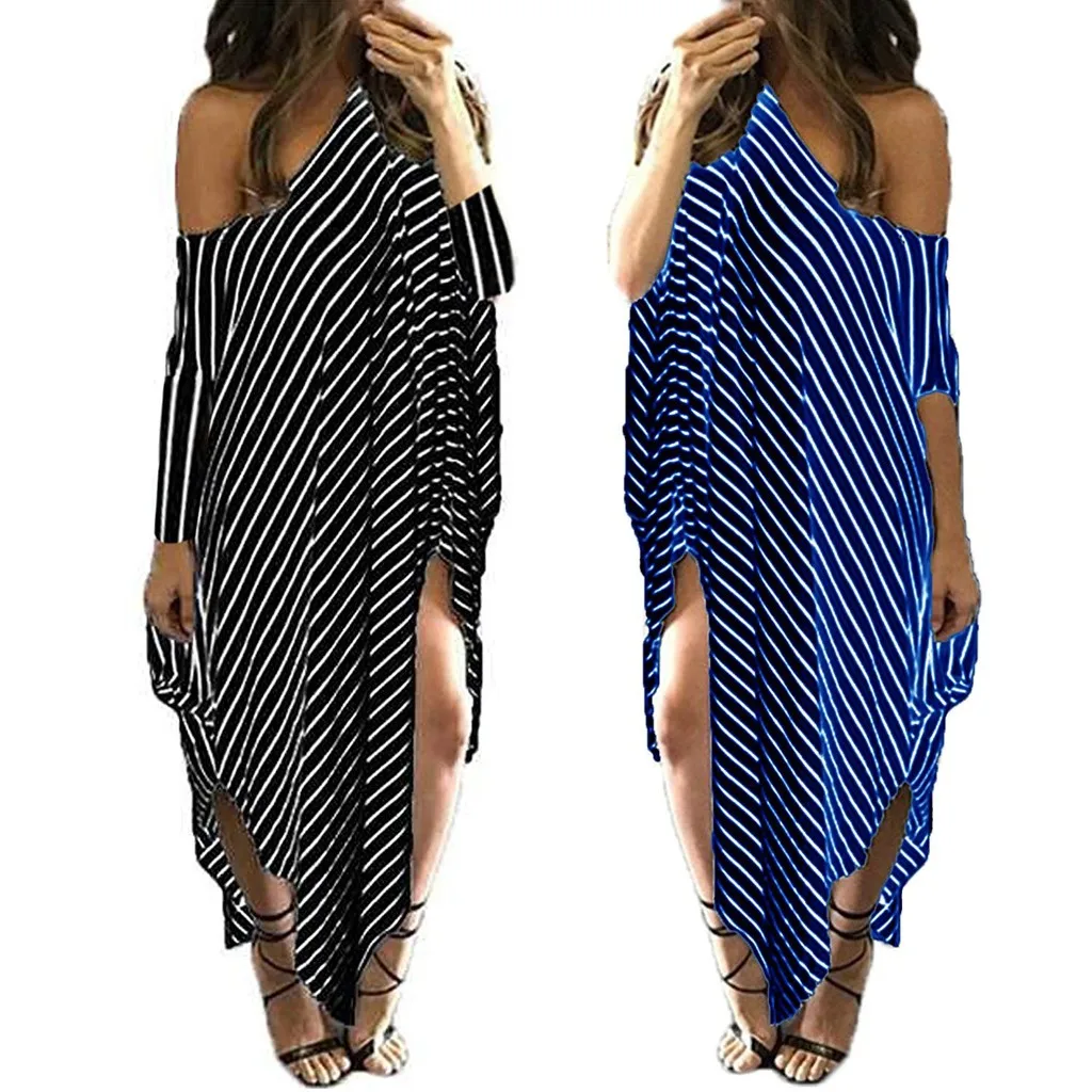 Женское асимметричное длинное платье в полоску повседневный свободный пляжный