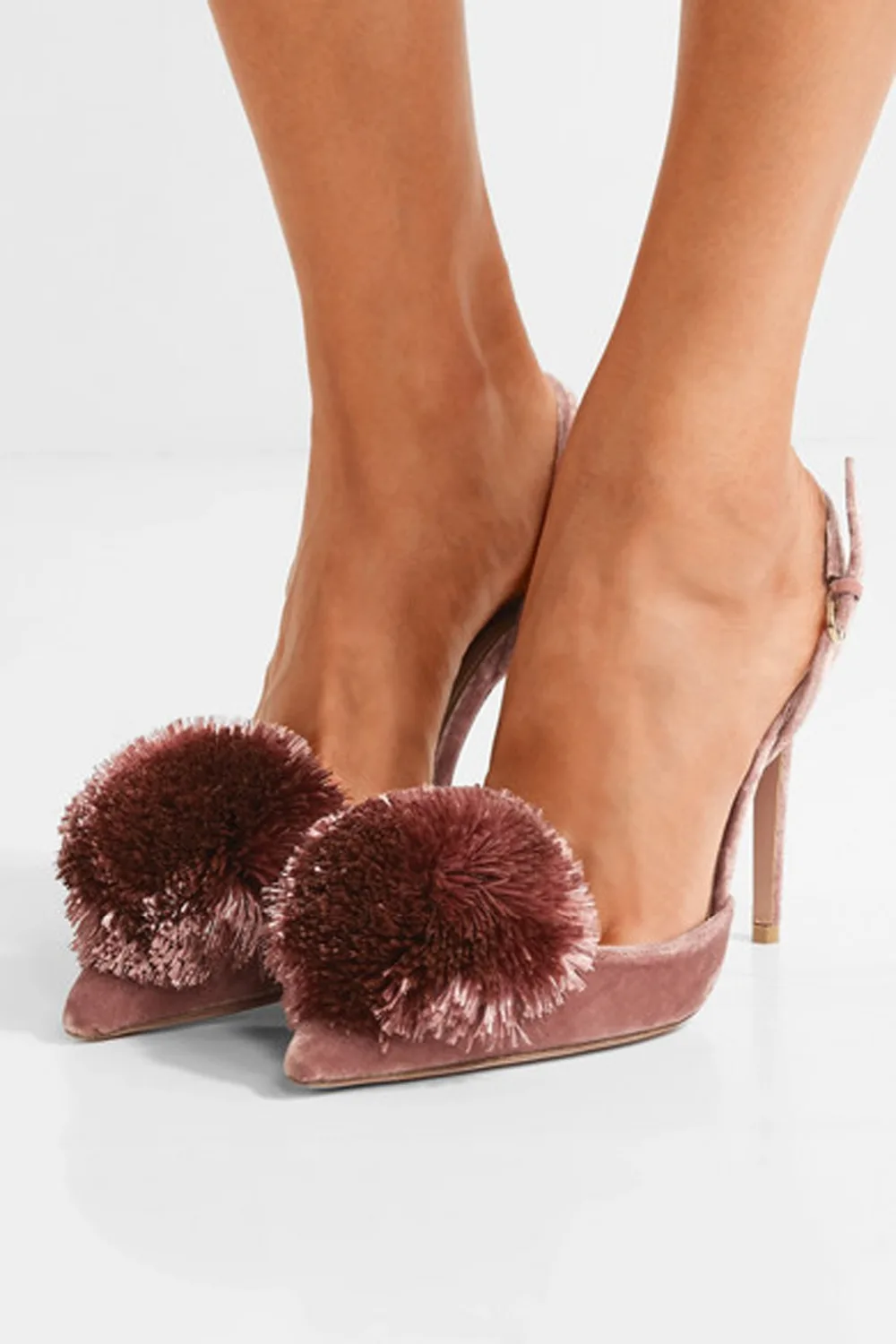 Kmeioo насосы для женское с буфами помпоном slingback Насосы ремешок на щиколотке высокие каблуки острый носок шпильки вечерние свадебные туфли 10 см