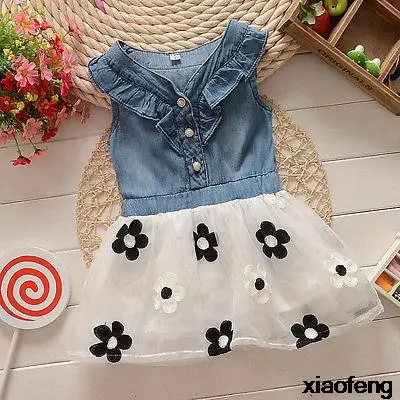 Детские Девушки Цветочный Denim Платье Дети одежда без рукавов летний новый дети