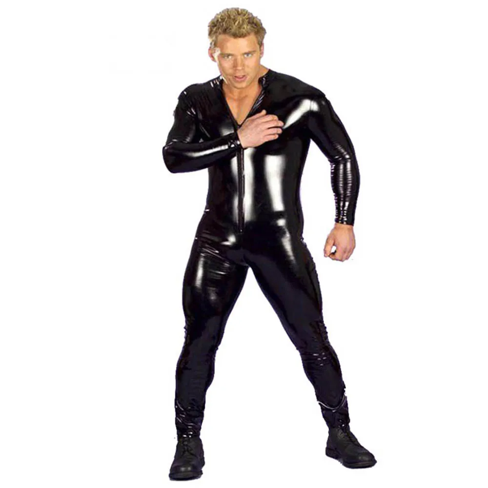 

Plus Size Hot Sexy Men Latex Catsuit Faux Leather Vinyl Bondage Jumpsuit Leotard Unitard Fetish Costumes Wetlook Zentai 3XL