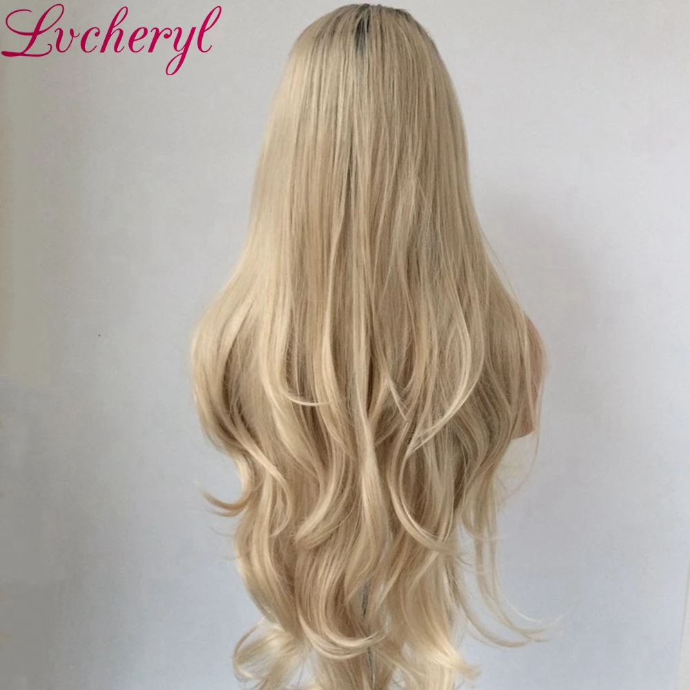 Lvcheryl ручная вязка Омбре темные корни для блонд Длинные Волнистые Стиль термостойкие волокна волос Синтетические Кружева передние парики для женщин