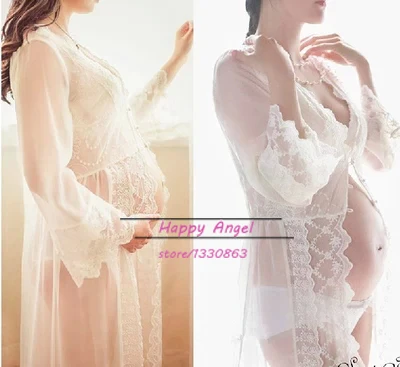 

White Maternity Gown Noble Long Lace Fancy Dress Pregnant Photography Props Fancy Pregnancy Nightdress See through Size M L
