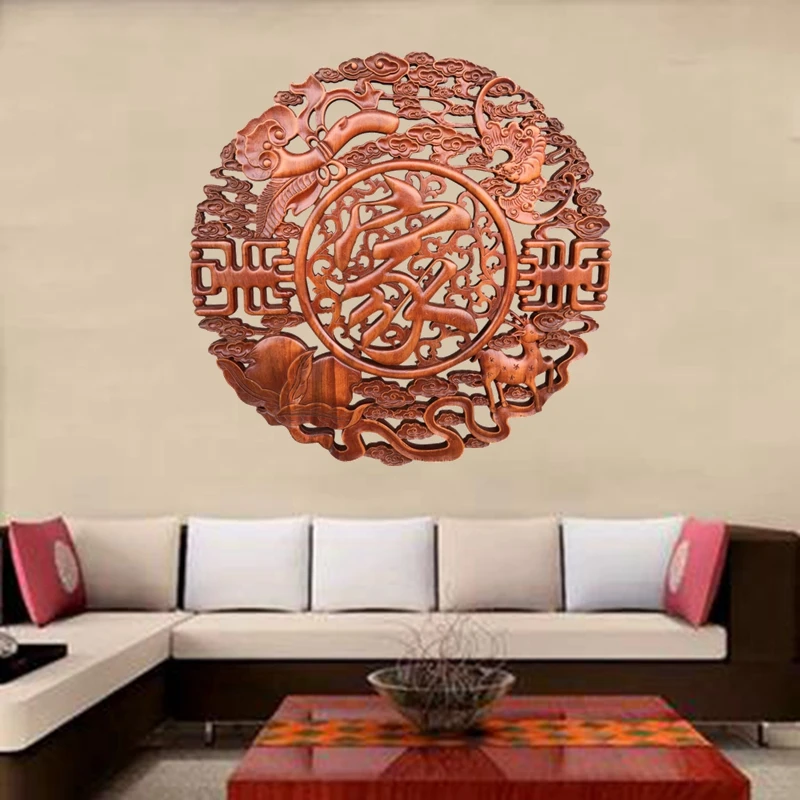 Colgante de pared con tallado de madera, decoraci&oacute;n de pared de estilo antiguo para sala de estar, redondo, pintura colgante de caoba, di&aacute;metro de 58CM-2