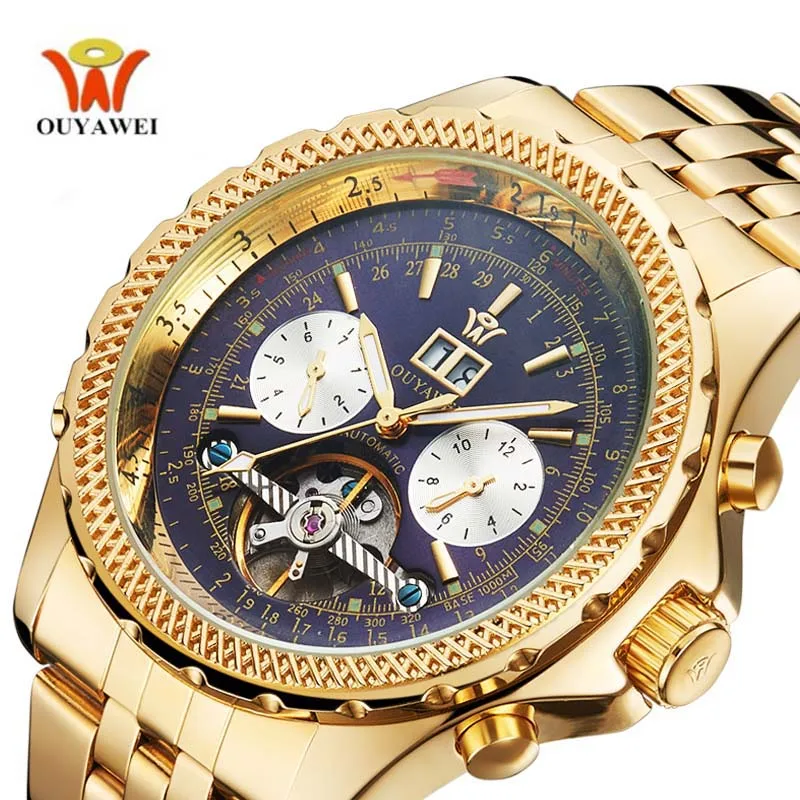 OUYAWEI Авто Дата для мужчин s Tourbillon часы золото Сталь механические Автоматические