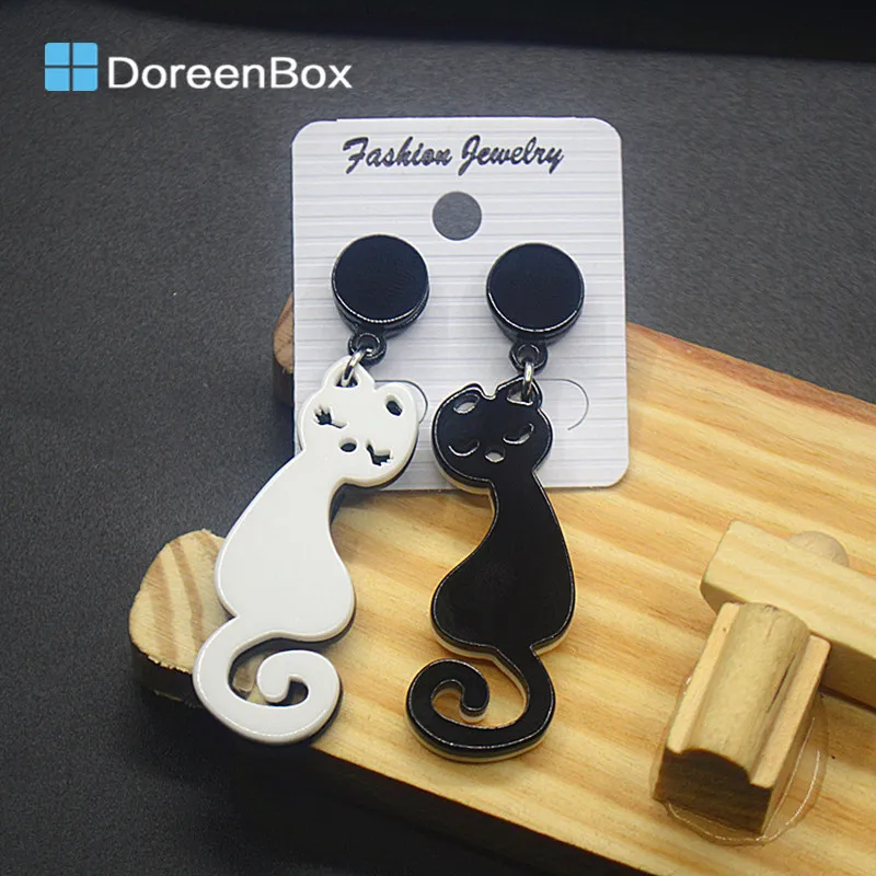 Doreen Box, акриловые черные серьги-гвоздики, милые, белые, черные, кошачьи серьги, модные ювелирные изделия, милая Асимметричная Серьга для женщин, 1 пара