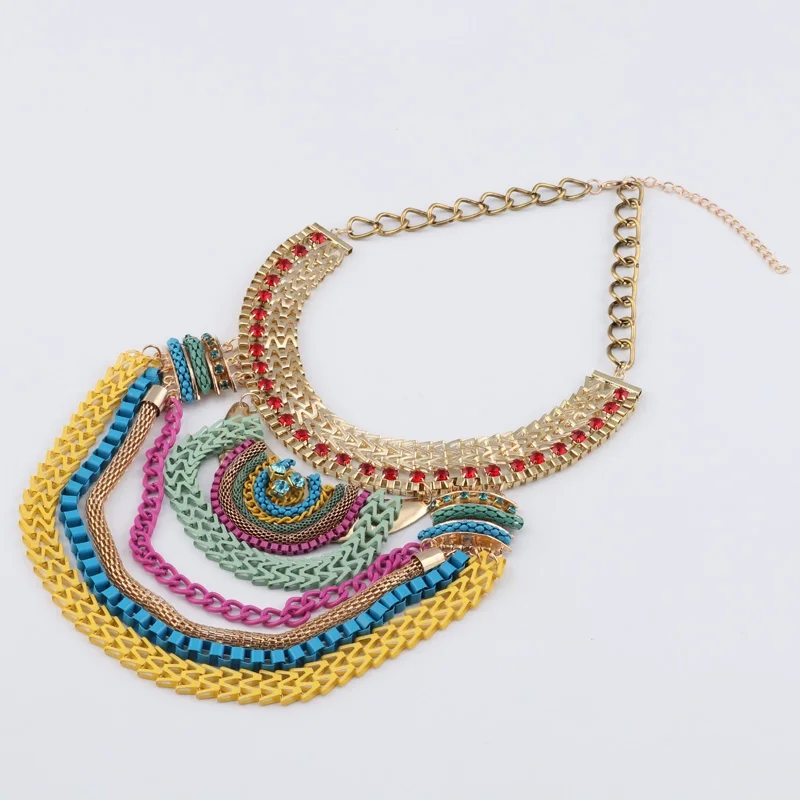 Seblasy Ethnic Bohemian Maxi Tibet Multi Layer Metal Chain Exaggeration Statement Geometric Crystal Choker Necklaces for Women |