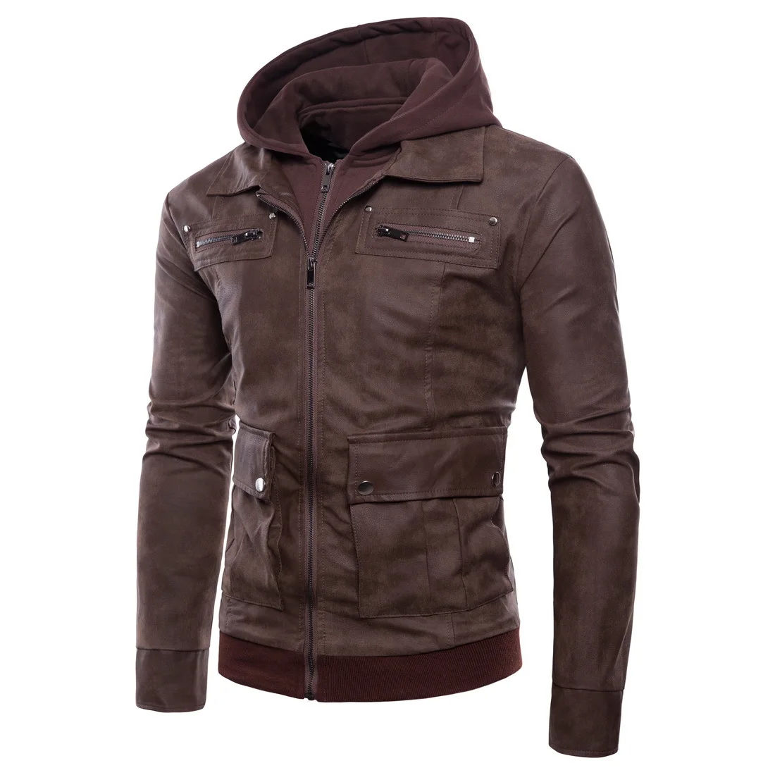 

Men's Hooded Leather Jackets Coat Fake Two Leather Jacket Chamarras De Piel Para Hombre Autumn Winter Clothes Men