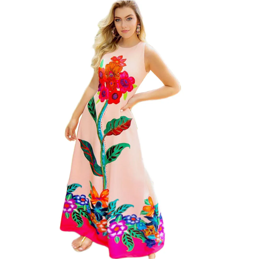 Sexy O Neck Bohemian Maxi Dresses for Women Long Casual Summer Beach Printing Sleeveless Vestidos | Женская одежда