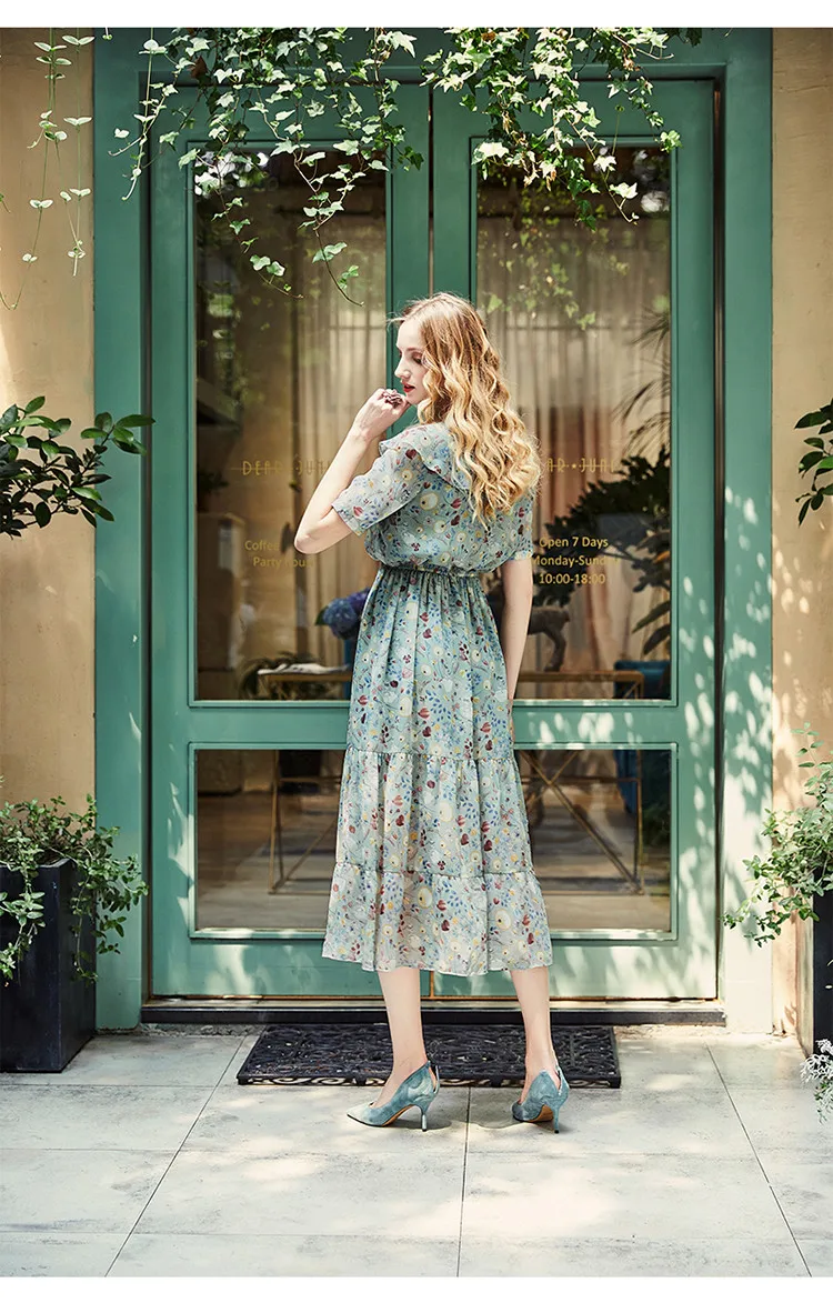 ARTKA Early Spring and Summer New Women Drawstring Ruffled Lady Elegant Garden Floral Dress LA10686Q