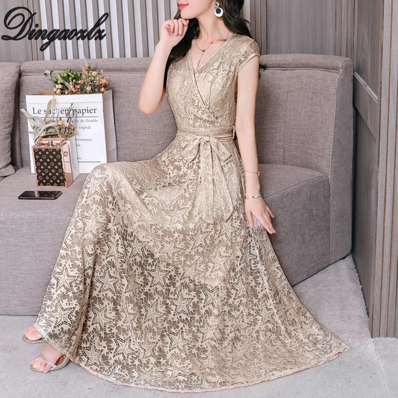 Dinagozlz женское платье для лета плюс размер vestidos с бантом элегантное кружевное платье Новая мода открытое длинное платье