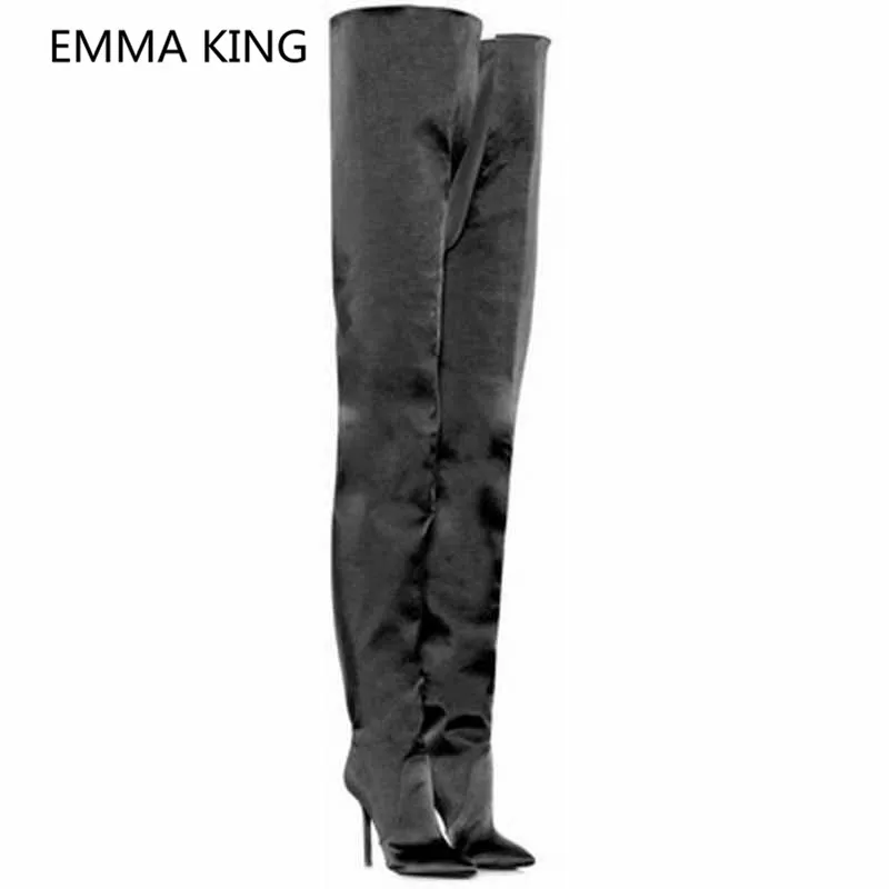 Luxury Silk Satin Women Over The Knee Crotch Boots Pointed Toe Sexy 12cm Stiletto High Heels Ladies Winter Shoes Cowboy Boots - Цвет: as shown in picture