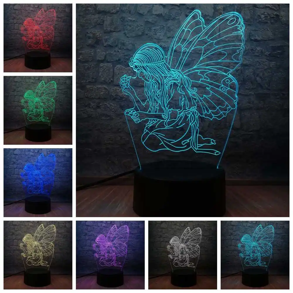 fairy Смешанный Цвет Бабочка фея девушка крыло ночной Светильник 3D версия лампы ребенка Спящая Настольная лампа Декор на день рождения детей Подарки - Испускаемый цвет: fairy