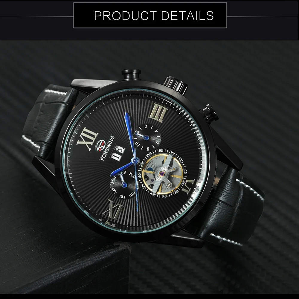 FORSINING Fashion Vintage Tourbillon Auto Mechanical Watch Men Top Brand Luxury Black Leather Strap Date Display Wristwatches | Наручные