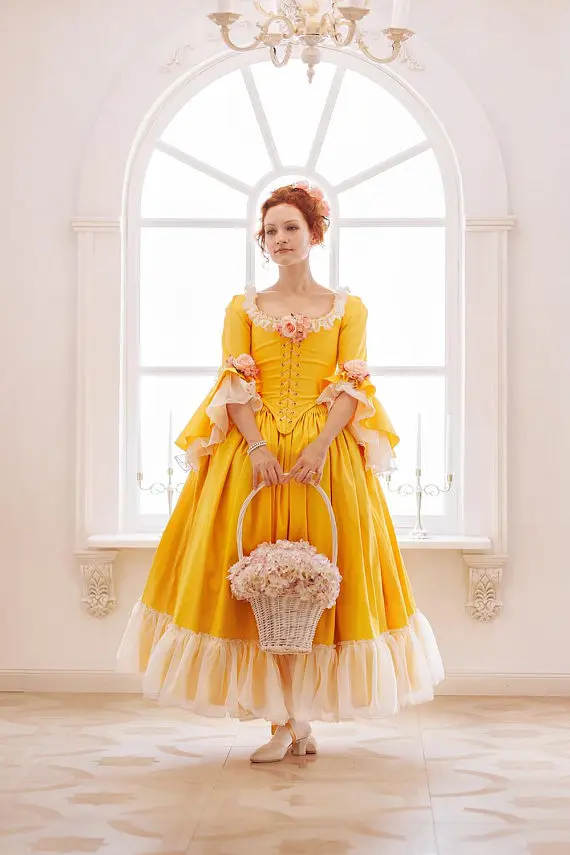color Rococo период 18th век желтый цветок платье с нижней юбкой и встроенный лиф-корсет - Цвет: color