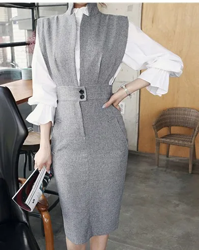 only grey dress Новинка, подиум, 2 шт, костюм, платье, Женский комплект, полный рукав клеш, оборки, блузка, топ, высокая талия, тонкий, бодикон, карандаш, миди, Vestidos - Цвет: only grey dress