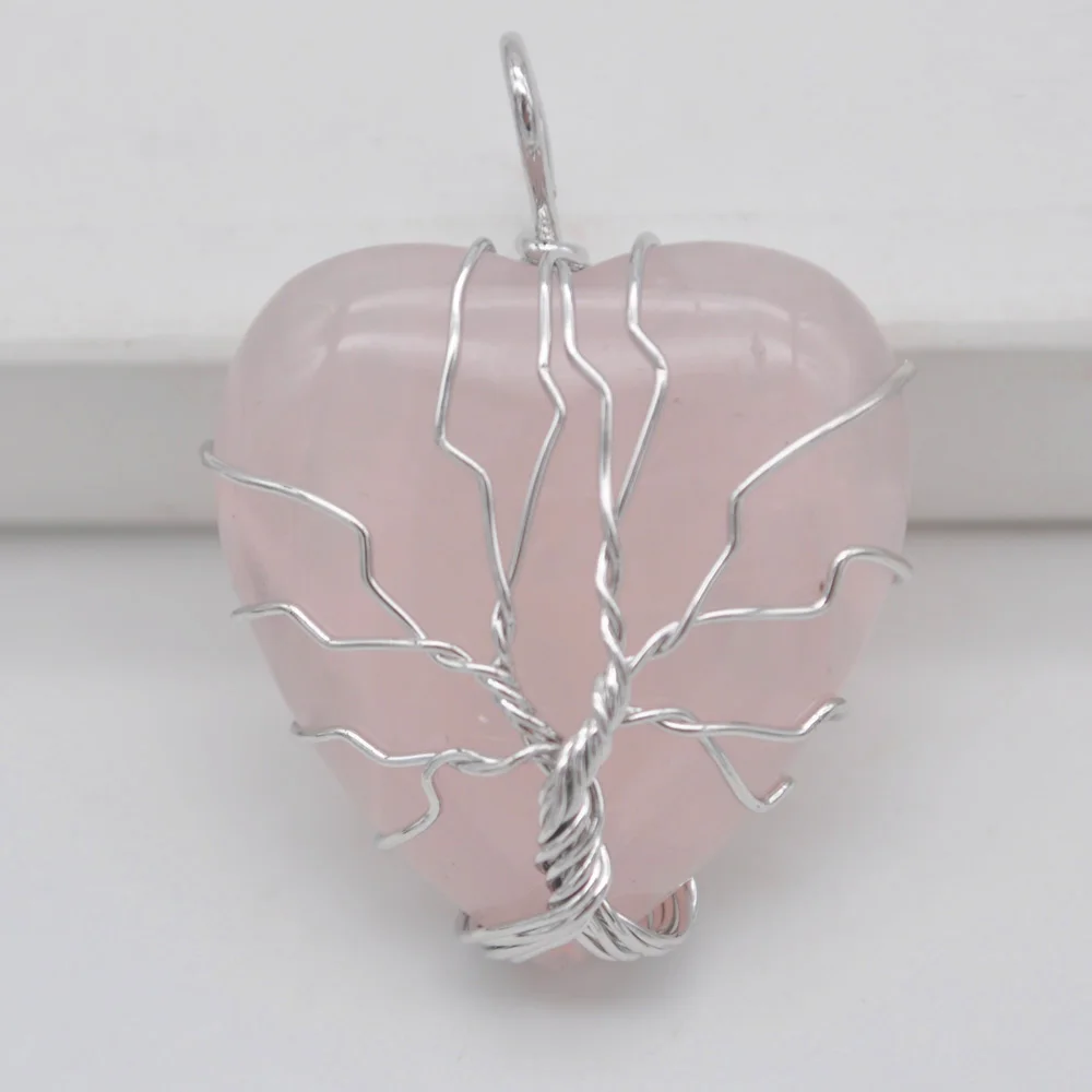 

Счастливая ручной работы Древо жизни Розовый Кристалл Камень Сердце провода Обёрточная бумага кулон ювелирные изделия S3166