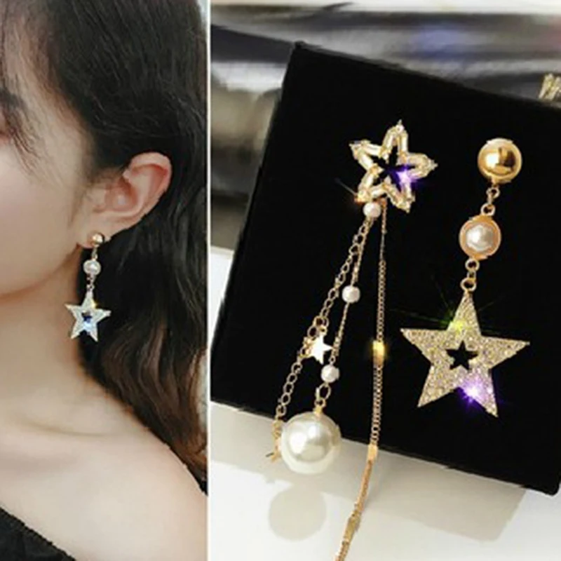 Модные блестящие серьги Стразы с асимметричным жемчугом звездой бахромой для
