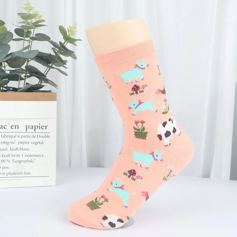 pink-orange Хлопковые женские носки с мультяшной овечкой, крокодиловой коровой; сезон осень-зима; женские милые носки в стиле Харадзюку; модные хипстерские носки с животным принтом - Цвет: pink-orange