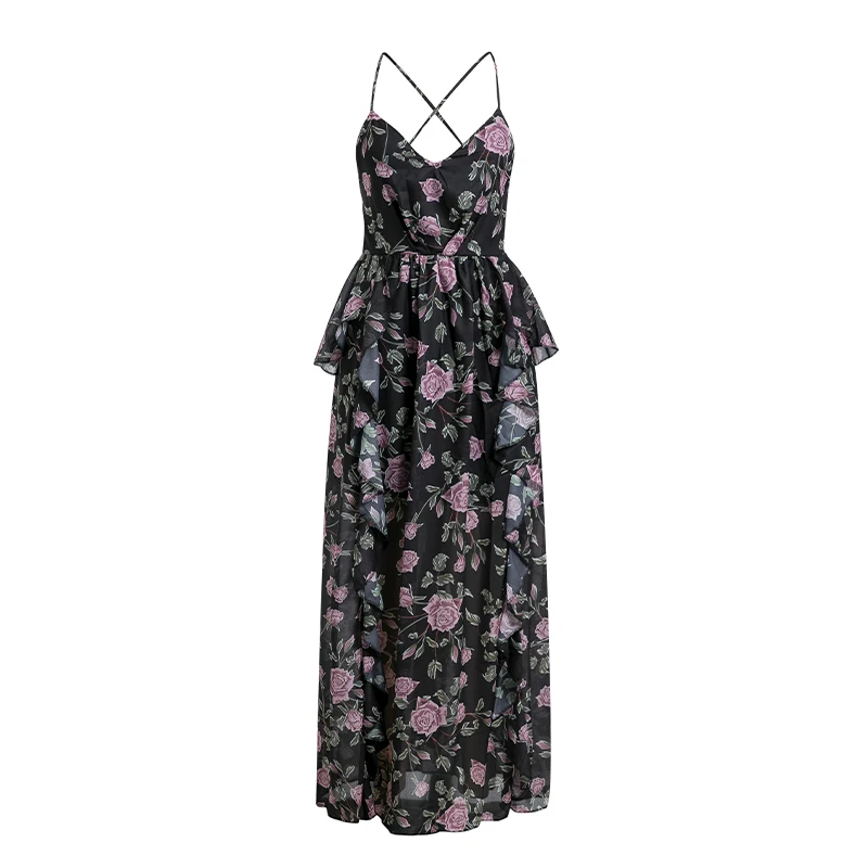 Vintage floral print maxi dress women Summer ruffle chiffon sleeveless plus size vestidos Sexy backless long festa | Женская одежда