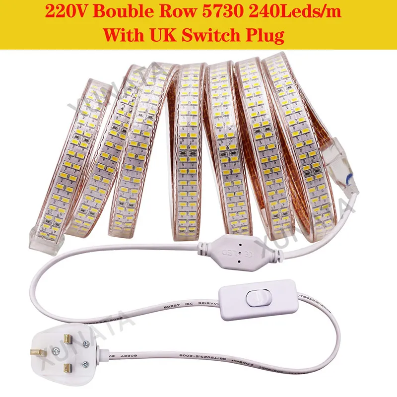 UK Switch Plug 5730 светодиодный светильник Bouble Row 110 В 220 в 240 светодиодный s/m светодиодная лента водонепроницаемая лента Белая/теплая белая с вилкой для ЕС/Великобритании/США - Испускаемый цвет: UK Switch Plug