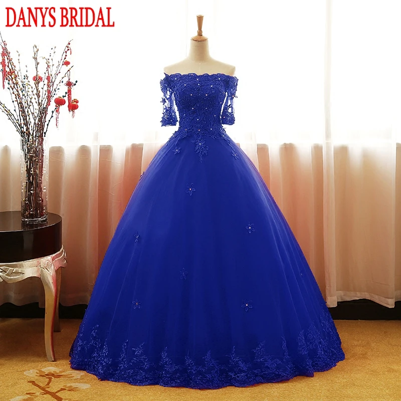 Королевский синий тюль Quinceanera платья 2020 с открытыми плечами рукавами платье для