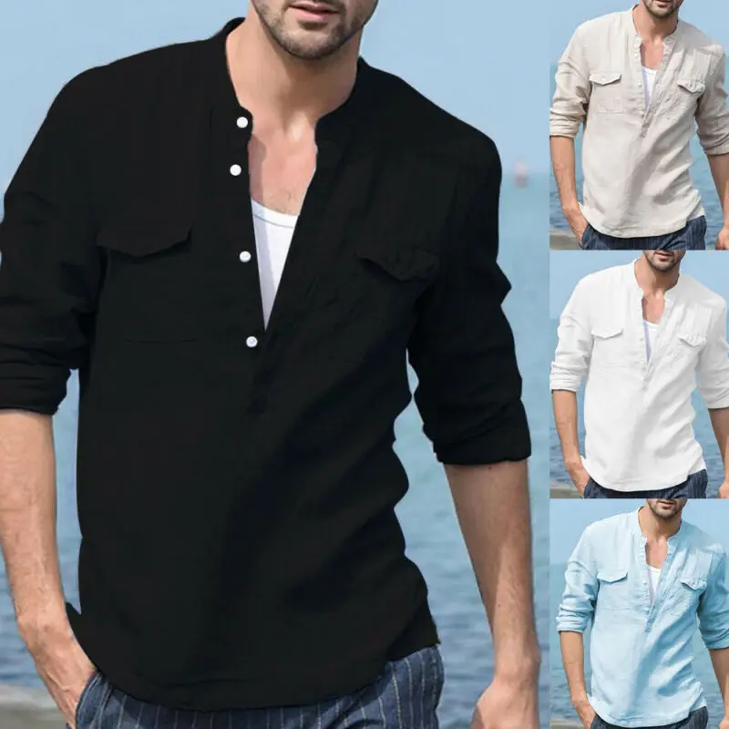 

Men's Linen Long Sleeve Shirt Slim Fit Summer Loose Casual V-Neck Tops