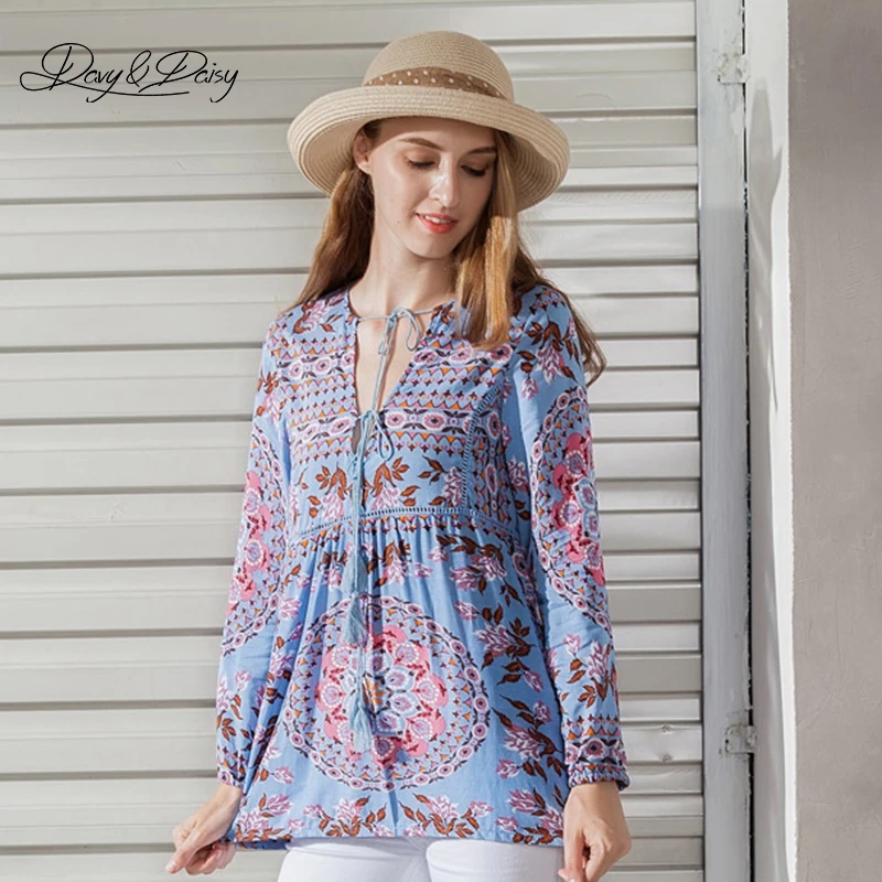 Davydaisy Для женщин Блузки для малышек Boho V Средства ухода за кожей шеи принт Фонари